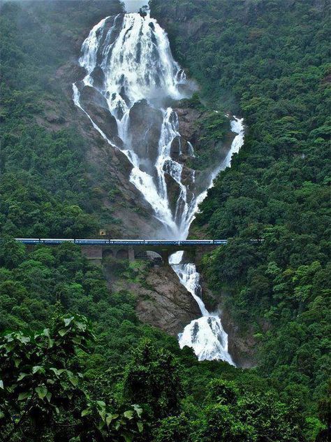 View of Konkan Railway and Dudhsagar Waterfalls.. Goa-Karnataka, India. Amazing India, Scenic Railroads, Goa India, Beautiful Waterfalls, A Bridge, Beautiful Places In The World, Incredible India, India Travel, A Train