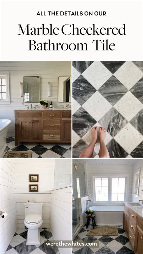 Grey and White Marble Checked Bathroom Floor. Everyone loves our grey and white marble checkerboard bathroom floors, and I agree — they’re stunning! They’re one of my favorite parts of the bathroom design, so I’m breaking down all the tile details for you. Click through to get all the info on our marbled checkered tile and how to achieve the same bathroom style in your home. Tumbled Marble Checkered Floor, Bathroom With Checkerboard Floor, Bathroom Tile Checkered, Herringbone Lvp Bathroom Floor, Best Bathroom Tiles Floor, Half Bath Floor Tile Ideas, Diamond Pattern Bathroom Floor, Black And White Marble Floor Bathroom, Gray And White Marble Checkered Floor