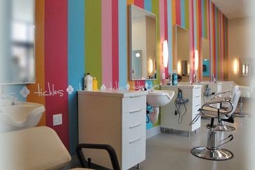 Tickles Childrens Salon Love the stripes/white stations Kids Hair Salon Ideas Interior Design, Kids Salon Ideas Interior Design, Kids Barber Shop, Mini Salon Ideas, Space Planning Interior Design, Childrens Salon, Details Interior Design, Kids Barber, Kids Hair Salon