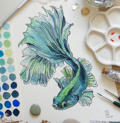 Green Betta Fish, Dutch Still Life, Animal Watercolor, My Fantasy World, Art Watercolor Painting, Fish Drawings, Watercolor Art Lessons, Art Inspiration Painting, Book Art Drawings