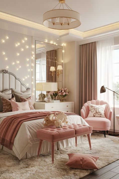 Girly bedroom with soft pink bedding, white accents, and fairy lights. Pink Gold White Bedroom, Pink And Wood Bedroom, Pink And Tan Bedroom, Gold And Pink Bedroom, Bedroom With Fairy Lights, Bedding Fluffy, Cozy Pink Bedroom, Female Bedroom, Blush Pink Bedroom