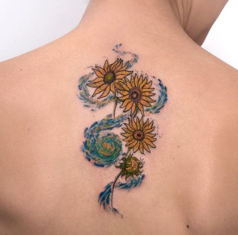 Magical Tattoos, Van Gogh Tattoo, Wildflowers Tattoo, Night Tattoo, Sunflower Tattoo Sleeve, Sunflower Tattoo Shoulder, Tattoo Line, Shape Tattoo, San Paolo