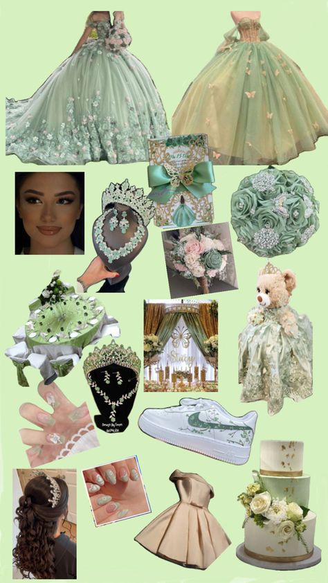 Things To Have At Your Quince, Tinker Bell Quinceanera Theme, Sage Quinceanera Dress, Quince Sage Green, Tiana Quinceanera Themes, Sage Green Quinceanera Theme, Sage Green Quince, Quinceanera Themes Ideas, Tiana Quince