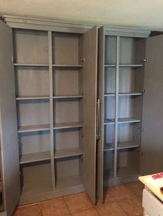 Free Standing Kitchen Pantry Ikea, Wall Pantry Ideas Storage, Open Shelf Pantry Wall, In The Wall Pantry, 4 Door Pantry Cabinet, Pantry Behind Cabinets, Diy Built In Pantry Wall, Wall Of Pantry Cabinets Built Ins, Shallow Kitchen Pantry Wall