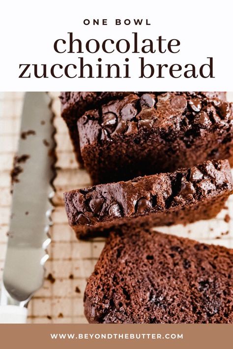 This easy chocolate zucchini bread recipe gives you not one—but two—absolutely delicious, moist chocolatey loaves of bread that’s filled with chocolate chips in every bite! Keep one for yourself and give the other one to a friend, coworker, or neighbor! Recipe on BeyondtheButter.com | #chocolate #zucchini #zucchinibreadrecipes #beyondthebutter Chocolate Zucchini Loaf, Chocolate Zucchini Bread Recipe, Zucchini Loaf, Zucchini Chocolate, Chocolate Chip Zucchini Bread, Chocolate Zucchini Bread, Bread Easy, Easy Zucchini, Zucchini Bread Recipes