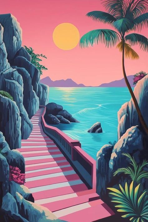 Tropical Paradise Canvas Print Inspired by 80s Retro Art | Vivid Ocean View with Palm Trees | Wall Art for Home Decor by CustomCanvasCurators 🌴 Step into a world of tropical bliss with our 'Tropical Paradise' canvas print! 🎨🌅 Immerse yourself in the iconic 80s retro art style and let the vibrant ocean view and lush greenery transport you to exotic tranquility. Perfect for adding a touch of nostalgia and wanderlust to any space. 🌺✨ Whether you're a fine art collector or just want to elevate ... Trees Wall Art, Palm Tree Wall Art, Retro Kunst, Art For Home Decor, Tropical Escape, Coastal Retreat, 80s Retro, Tree Wall, Tropical Paradise