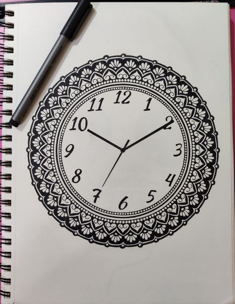 Clock Mandala Art, Clock Mandala, Clock Drawing, Clock Drawings, Colouring Ideas, Easy Mandala, Easy Mandala Drawing, Small Clock, Simple Mandala