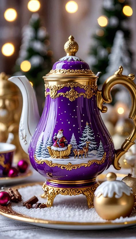 Beautiful rococo Christmas porcelain teapot in purple and gold - AI creation Rococo Christmas, Christmas Tea Pot, Desserts Unique, Christmas Teapot, Teapot Art, Tea Cup Cookies, Tea Pots Art, Different Types Of Tea, Christmas Porcelain