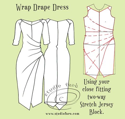 Studio Faro | The Wrap Drape Dress Pattern Drafting, Dress Tutorials, Drape Dress Pattern, Knitting Blocking, Pattern Draping, Drape Dress, Dress Sewing, Dress Sewing Pattern, Draped Dress