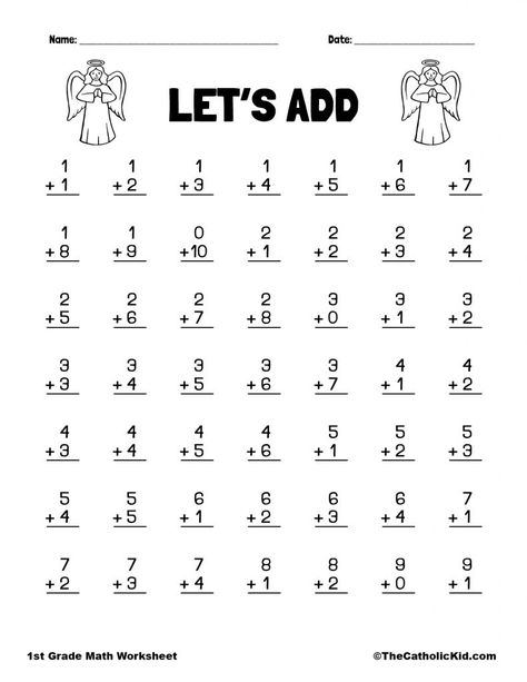 Let's Add - 1st Grade Math Angel Worksheet Catholic Themed Homework Sheets For 1st Grade, Math Equations For 1st Grade, Math Worksheet Class 1st, Maths For 1st Grade, 1st Grade Tracing Worksheets, 1st Grader Worksheet, Math Pages For 1st Grade, Grade 1 Maths Activities, Easy Maths Worksheets