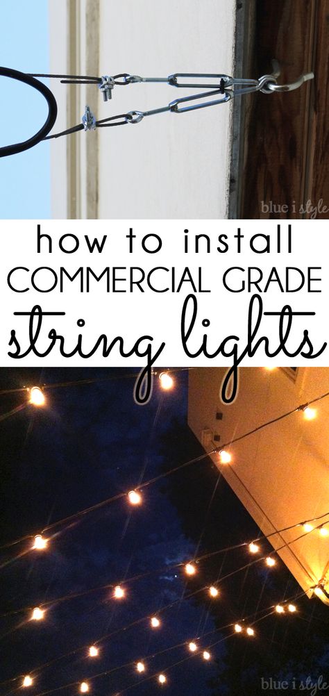 Installing commercial grade patio string lights Blue String Lights, Restaurant Patio, Patio String Lights, Backyard Lighting, How To Hang, Outdoor Patio Lights, Patio Lighting, Backyard Projects, Backyard Oasis