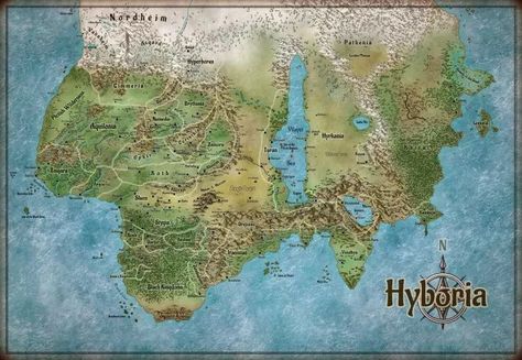 Hyborian Age of Conan the Barbarian map Hyborian Age Map, Age Of Conan Concept Art, Hyborian Age, Fictional Maps, Conan Exiles, Middle Earth Map, Amazing Maps, Fantasy World Map, Pictorial Maps