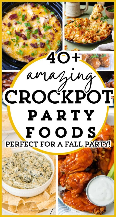 Need slow cooker party food ideas for your Christmas or holiday party? Check out these 40 Crockpot party foods! These easy Crockpot snacks are the best slow cooker appetizers that are guaranteed crowd pleasers! Any party will be enhanced with your choice of easy finger food appetizers! These easy party foods are ideal if you're the host or a guest - Crockpot dishes make like easier for party food appetizers. Slow cooker apps are a dream! Great ideas for game day or fall parties! Party Favorites Food, Easy Fall Crockpot Appetizers, Snack For Party Finger Food, Party Side Dishes Crockpot, Dinner Party Slow Cooker Recipes, Thanksgiving Party Fingerfood Ideas, Fall Crowd Pleasers, Football Party Crockpot Food, Fall Hot Appetizers For Party