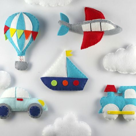 One for the boys. This Transportation Pattern Set is now available in my Etsy shop. Happy creating x Ria Airplane Nursery Decor, Mobiles For Kids, Baby Mobile Felt, Diy Baby Mobile, Felt Sewing, Baby Mobil, Airplane Nursery, Felt Toys Patterns, Felt Mobile