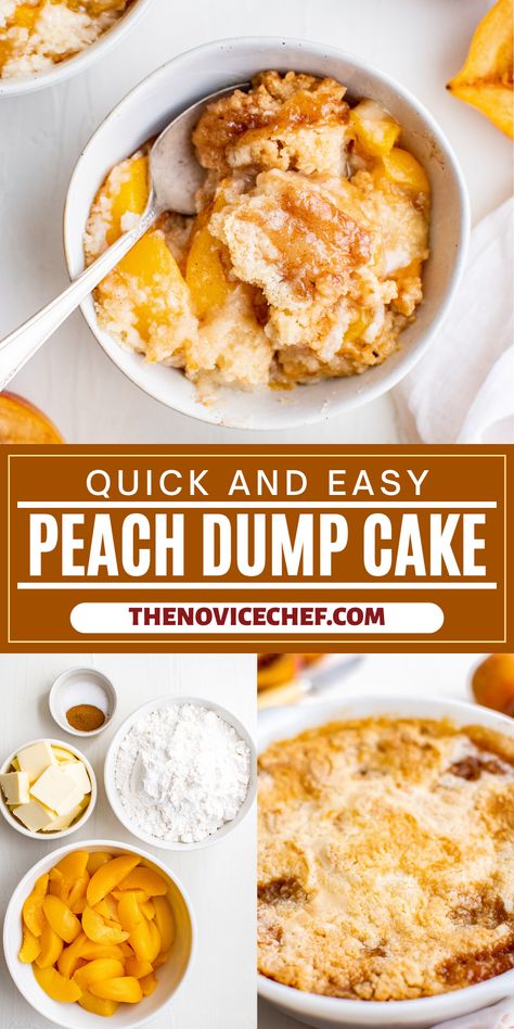 Peach Dump Cake is an easy, cozy dessert that’s so simple to make, you don’t even need a mixing bowl! Sunny peach slices are baked with simple white cake mix for a summery sweet you’ll crave. Vanilla Cake Mix Recipes, Peach Desserts Easy, Vegan Peach Cobbler, Simple White Cake, Moose Cake, Peach Cobbler Dump Cake, Easiest Dessert, Peach Dump Cake, Vegan Peach