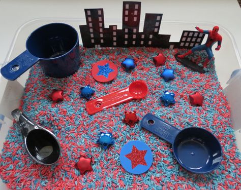 Superhero sensory play Spiderman Activities For Kids, Superhero Sensory Bin, Superhero Sensory, Eyfs Superheroes, Superheroes Eyfs, Koala Room, Camping Nursery Theme, Superhero Preschool, Superhero Activities