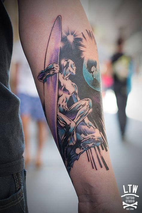 Silver Surfer Tattoo, Surfer Tattoo, Marvel Tattoos, Metal Tattoo, Silver Surfer, Stuff And Thangs, Anime Tattoos, Forearm Tattoos, Love Tattoos