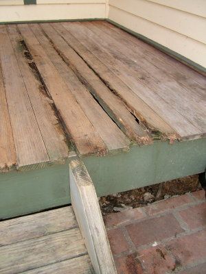 This tongue and groove porch flooring is exposed to the weather. It suffered serious rot because it was not treated with a preservative. PHOTO CREDIT: Tim Carter Tongue And Groove Porch Floor, Front Porch Wood, Farmers Porch, Porch Wood, Traditional Porch, Clapboard Siding, Porch Floor, Concrete Walkway, Diy Front Porch