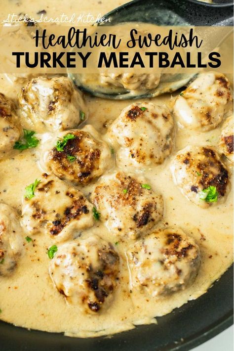 Turkey Meatballs White Sauce, Turkey Sweedish Meatball Recipe, Healthy Meatballs And Gravy, Turkey Swedish Meatballs Crockpot, Turkey Meatballs Sides, Turkey Meatballs Gravy, High Protein Swedish Meatballs, Swedish Meatballs Turkey, Turkey Meatballs Healthy Clean Eating