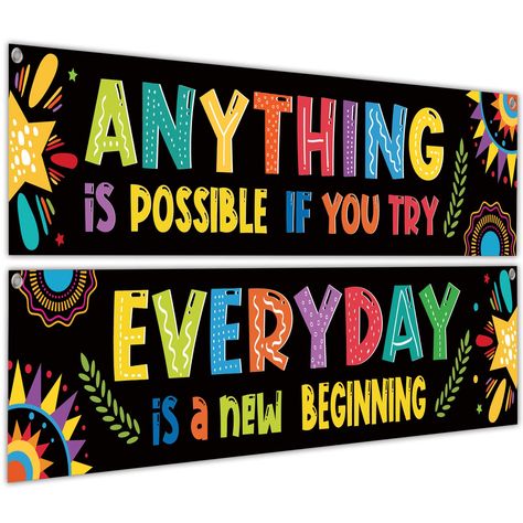 PRICES MAY VARY. CLASSROOM DECORATION BANNER SET - 2 packs motivational banners are included in the package, 1 "ANYTHING is POSSIBLE IF YOU TRY" banner and 1 "EVERYDAY is a new BEGINNING" banner, each one measures 61" x 13" (approx.) , proper size for the school classroom wall. UNIQUE DESIGNS - Designed with the unique patterns and printed with colorful words, bright colors and irregular shapes make our classroom banners full of childlike, let students learn in a fun atmosphere. EASY TO HANG & W School Board Quotes Student, Banner Design Ideas For School, Decoration For School, Teachers Day Chart Ideas For School, Banner Ideas For School, Welcome Design For Classroom, Fun Wall Ideas, Unique Classroom Decor, Classroom Decoration For Kindergarten