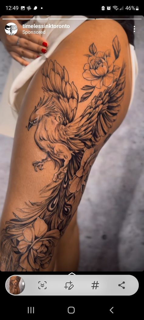 Bird Leg Sleeve Tattoo, Phoenix Tattoo For Women Leg, Womens Large Tattoos, Women’s Thigh Tattoos Big, Pheonix Tattoo For Women On Thigh, Phoenix Leg Sleeve, Big Tattoos For Women Thigh, Phoenix Tattoo Feminine Thigh, Phoenix Thigh Tattoo