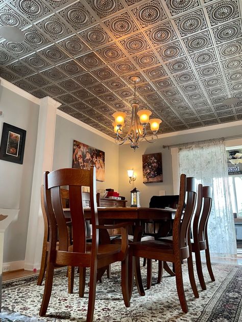 Dining Room Makeover Beautiful Ceilings, Faux Tin Ceiling, Faux Tin Ceiling Tiles, Decorative Ceiling Tile, Faux Tin, Ceiling Speakers, Dining Room Makeover, Tin Ceiling Tiles, Tin Ceiling