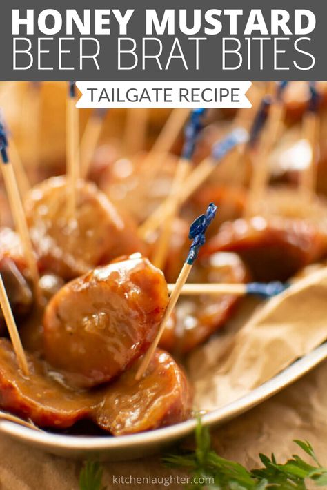 Honey Mustard Beer Brats are the perfect appetizer when friends come over for a bbq or game day! You will wow them with the sweet and tangy flavors dripping over the beer brat bites. #tailgating #gameday #bbq #beerbrats #brats Bratwurst Bites, Brat Bites, Beer Brat, Beer Brats Recipe, Brats Recipes, Beer Brats, Chicken Breast Recipes Easy, Party Dishes, Tailgate Food