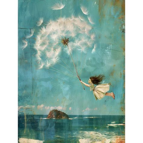 Purchase this stunning artwork - Dandelion Flight. A whimsical painting of a girl soaring over the ocean shore, held aloft by a dandelion parachute. It's a story of adventure, imagination, and the boundless magic of childhood dreams. link in the bio! #WhimsicalArt #FairyTaleScene #DandelionDreams #OceanShoreFlight #MagicalPainting #ChildhoodImagination #FantasyArt #TealTones #ArtisticAdventure #StorybookWorld Wild Imagination, Childhood Imagination Art, Childhood Imagination, Whimsical Art Paintings Imagination, Dandelion Painting, Magical Paintings, Imagination Art, Hallway Art, Whimsical Art Paintings