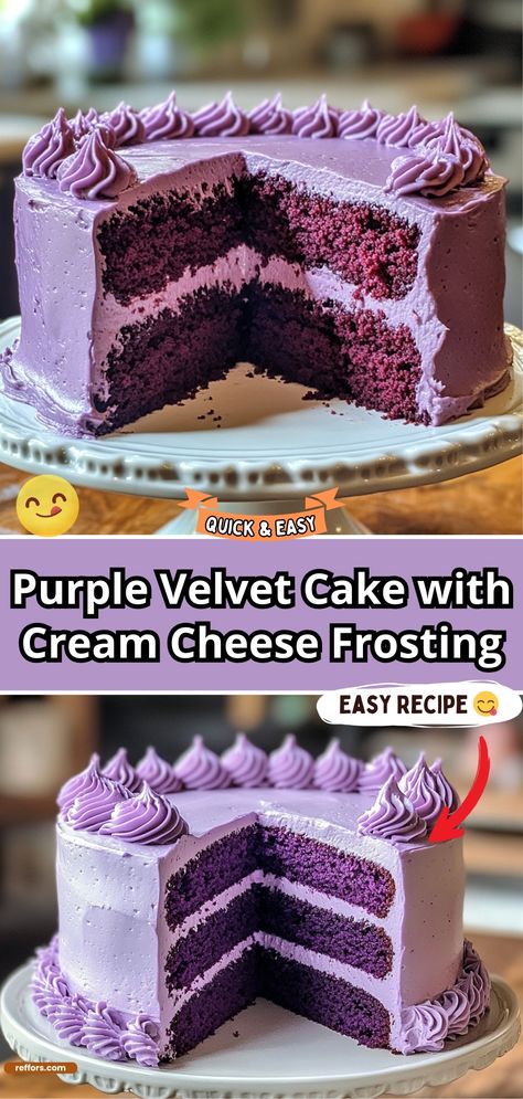 Purple Velvet Cake, Purple Velvet Cakes, White Velvet Cake, Cream Cheese Frosting Easy, Chicken Cake, Velvet Cake Recipes, Cake With Cream Cheese Frosting, Easy Baking Recipes Desserts, With Cream Cheese Frosting