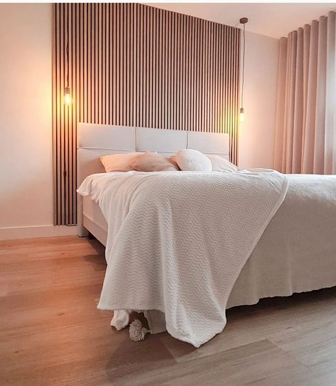 Wooden Paneling Bedroom, Wooden Cladding Bedroom, Wooden Slats Bedroom, Acoustic Panel Bedroom, Wood Panels Bedroom, Acoustic Panels Bedroom, Panelled Bedhead, Wood Panel Bedroom, Wall Behind Bed