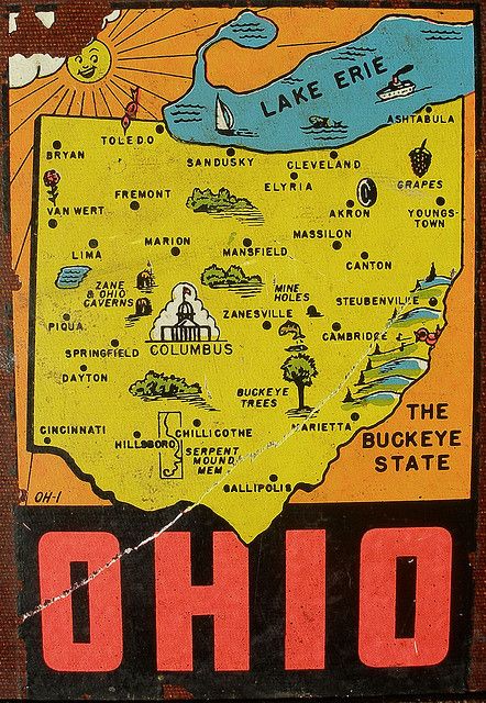 First off, Serpent Mound is in Peebles, not Hillsboro. Secondly, Athens is not listed?! For shame, print maker, for shame. And Columbus needs to skooch to the right just a smidge. Ohio Buckeyes, State Of Ohio, Ohio Map, Vintage Vacation, Ohio Travel, Ohio History, Toledo Ohio, Akron Ohio, State Map