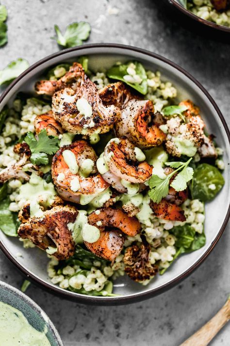 Tahini Shrimp Bowls - Cooking for Keeps Shrimp Tahini Bowl, Health Dinner Shrimp, Shrimp Grain Bowl, Shrimp Power Bowl, Prawn Rice Bowl, Tahini Shrimp, Shrimp Bowls Healthy, Tahini Recipe Ideas, Shrimp Bowl Recipe