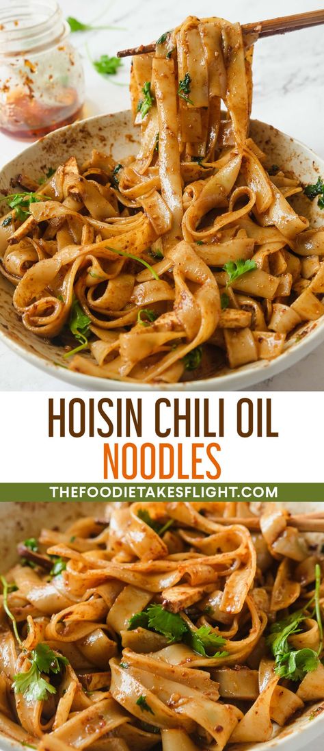 Hoisin Chili Oil Noodles Recipes With Hoisin Sauce, Chili Oil Noodles, Vegetarian Chinese Recipes, Easy Asian Noodles, Chinese Noodle Recipes, Oil Noodles, Chili Oil Recipe, Coleslaw Recipe Easy, Easy Chinese Recipes