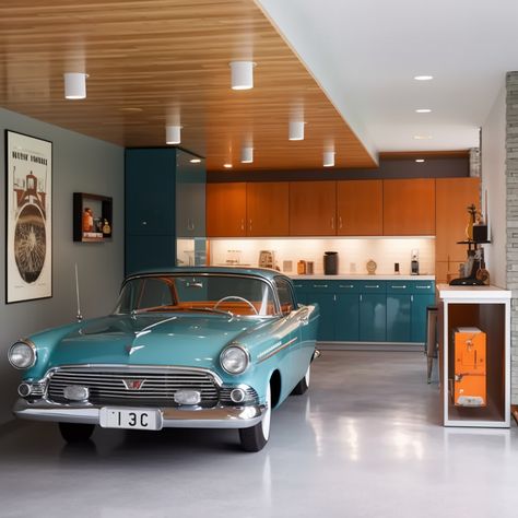 Fancy Car Garage, Mid Century Modern Garage, Car Guy Garage Ideas, 70s Garage, Car Garage Workshop Aesthetic, Dream House Garage, Man Cave Garage Workshop, Garage Lounge, Mid Century Garage