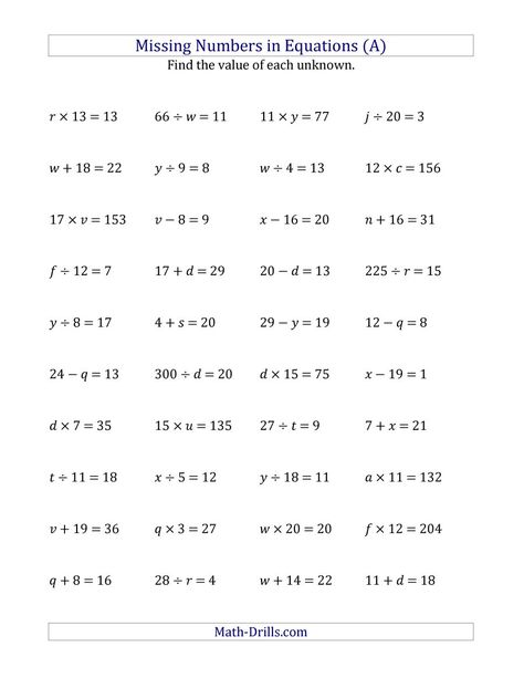 The Missing Numbers in Equations (Variables) -- All Operations (Range 1 to 20) (A) Math Worksheet from the Algebra Worksheets Page at Math-Drills.com. 10th Grade Math Worksheets, Basic Algebra Worksheets, Algebra Equations Worksheets, 10th Grade Math, 9th Grade Math, Pre Algebra Worksheets, Literal Equations, Basic Algebra, Fun Math Worksheets