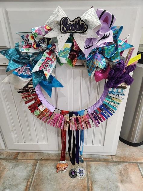 Cheer Medal Display, Cheer Ribbon Display, Cheerleading Medal Display Ideas, Cheer Ring Display, Cheer Trophy Display Ideas, Cheer Award Display Ideas, Cheer Wall Ideas, Cheer Bow Shadow Box Ideas, Cheer Bow Storage Ideas