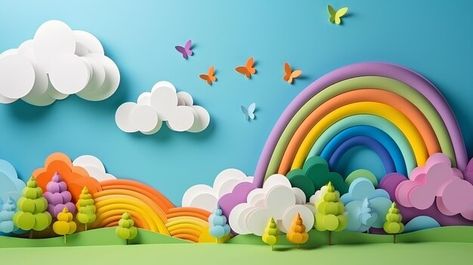 Photo colorful 3d paper art landscape wi... | Premium Photo #Freepik #photo Paper Art Landscape, Clouds Illustration, Rainbow And Clouds, Cloud Illustration, 3d Paper Art, Rainbow Cloud, Paper Cut Art, Art Landscape, 3d Paper