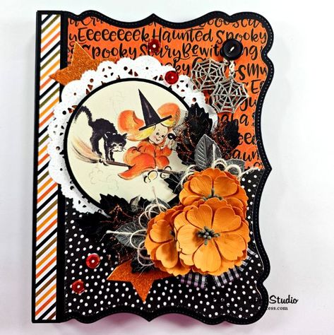 Shaped Halloween Mini Album Dollar Tree Gift Bags, Halloween Mini Albums, Twine Flowers, Dollar Tree Gifts, Authentique Paper, Fall Greeting Cards, Boho Halloween, Album Scrapbook, Tree Gift