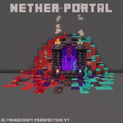 Minecraft Builds Nether Portal, Minecraft Awesome Builds, Minecraft Nether Statue, Minecraft Portal Design Nether, Minecraft Nether Portal Design Ideas, Minecraft Portal House, Minecraft Nether Builds Ideas, Nether Portal Decoration, End Portal Design Minecraft