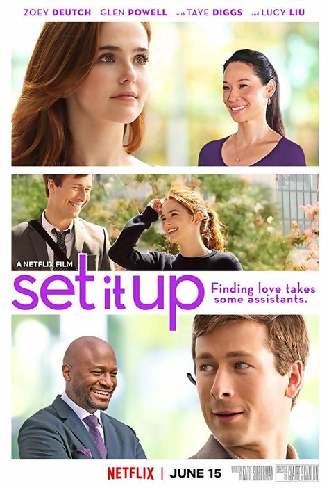 Set It Up is a 2018 American romantic comedy film directed by Claire Scanlon, written by Katie Silberman, and starring Zoey Deutch, Glen Powell, Taye Diggs, and Lucy Liu. The plot follows two overworked assistants who try to set up their demanding bosses on dates in New York City. The film was released on June 15, 2018, by Netflix, to favorable reviews. Storyline: Two corporate executive assistants hatch a plan to match-make their two bosses. Tam Film, Best Romantic Comedies, Natasha Bedingfield, Film Netflix, Film Trailer, Good Movies On Netflix, Zoey Deutch, Set It Up, Chandler Riggs