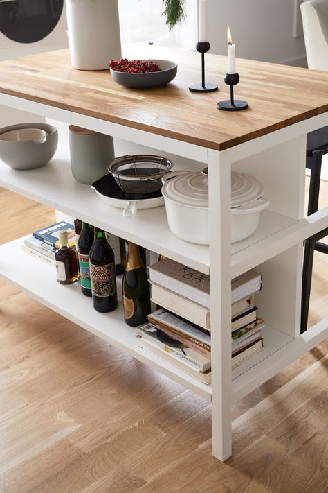 Small Studio Kitchen With Island, Under Kitchen Table Storage Ideas, Storage Table Kitchen, Kitchen Island Rental, Kitchen Island Removable, Kitchen Butcher Block Cart, Open Kitchen Island Storage, Temporary Island Kitchen, Kitchen Island Open Storage