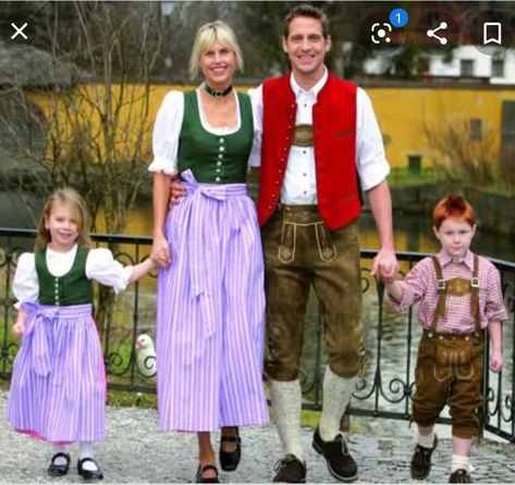 Mother, Father,Daughter, Son Austrian folk outfits Lederhosen Kids, Austrian Clothes, Sound Of Music Costumes, German Traditional Clothing, Drindl Dress, German Traditional Dress, Mountains Scenery, Folklore Fashion, Tap Costumes