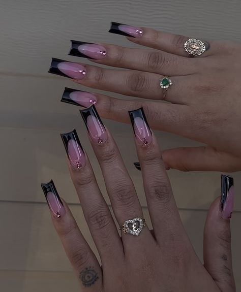 Pink And Black French Tip Nails, Black Nails French Tip, Nails French Tip Square, Black Nails French, Square Nails Black, French Tip Square Nails, Black French Tip Nail, French Tip Square, Black French Tip Nails