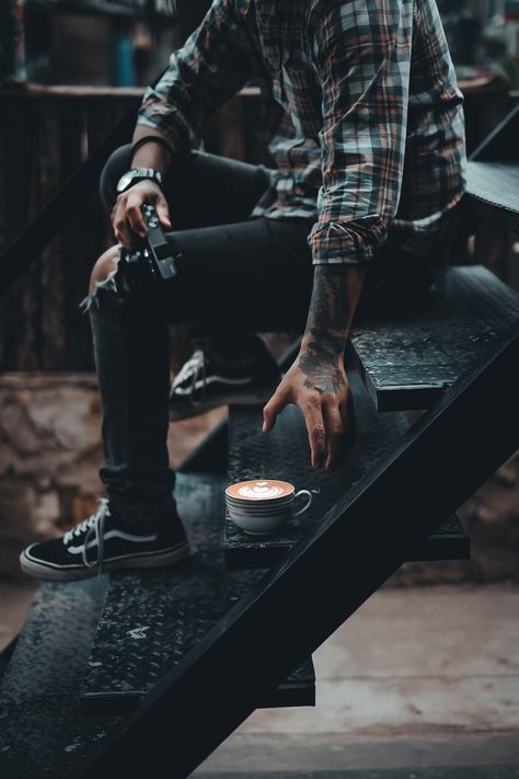 Flannel Men Aesthetic, Cafe Photoshoot Ideas Men, Rugged Man Aesthetic, Guitar Profile, Male Outfits, Coffee Life, Flannel Men, Rugged Men, Coffee Photography