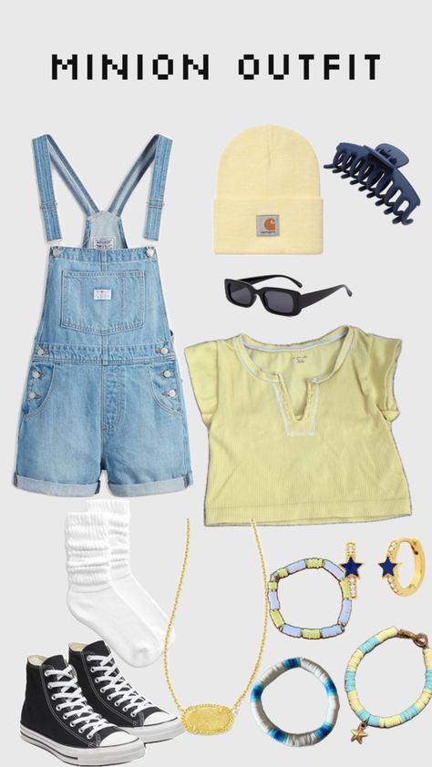 Outfit inspired by minions Minions, Universal Studios Outfit Minions, Preppy Minion Costume, Minon Costume Cute, Minion Spirit Day, Easy Minion Costume, Disney Character Day Spirit Week, Minion Outfit Ideas, Minion Inspired Outfit