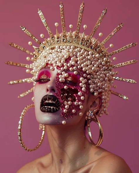 Ornate headdress, colorful face, dark lipstick, pink background. Black Fantasy Makeup, Colorful Editorial Makeup, Fantasy Look Makeup, Creative Makeup Looks Colorful, Fantasy Makeup Ideas Creative, Creative Face Makeup, Metal Headdress, Sfx Makeup Looks, Fantasy Makeup Looks