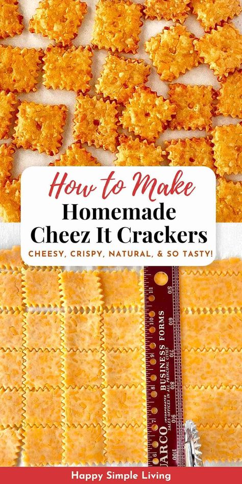 Upgrade your snack game with these delicious homemade cheese crackers! Made with sharp cheddar cheese and creamy butter, this copycat Cheez It recipe is the perfect snack for any occasion. Serve with your favorite spreads, soups, or charcuterie board for a savory snack that everyone will love. Perfect for parties, game nights, and snacking. Diy Cheese Crackers, Cheez It Recipe, Homemade Cheez Its, Cheese Cracker Recipe, Homemade Crackers Recipe, Homemade Cheese Crackers, Cheddar Crackers, Diy Cheese, Crackers Recipe