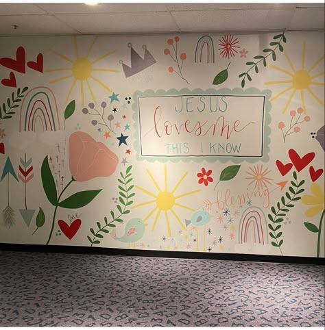 Sunday School Murals Children Church, Paint For Classroom Walls, Classroom Murals Preschool, Prek Church Classroom, Sunday School Wall Murals, Classroom Themes Christian, Bible School Classroom Decor, Sunday Classroom Decor, Children’s Ministry Church Decor