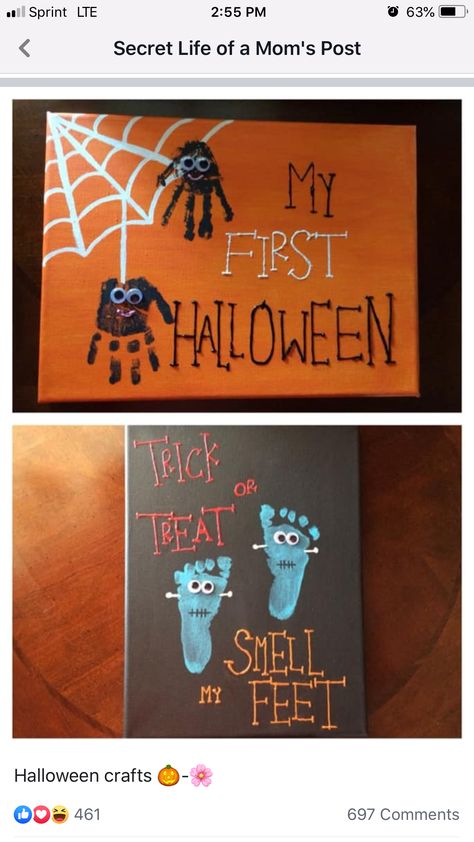 My First Halloween Crafts, First Halloween Crafts, Spider Handprint Craft, Arts And Crafts Halloween, Fun Art Ideas, Halloween Infantil, Newborn Halloween, 1st Halloween, Footprint Crafts