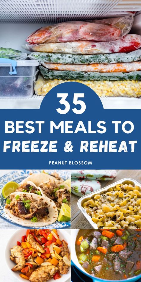 Stock up on these easy dinners for your freezer! These are the best meals to freeze and reheat later on a busy night. They make perfect meal train ideas for a family in need because they can be saved for another night when they'll be truly appreciated. Pioneer Woman Make Ahead Meals, Pre Cooked Frozen Meals, Frozen Ready To Eat Meals, Frozen Meal Train Ideas, Freezer Meals To Reheat In Microwave, Easy Meals To Reheat In Microwave, Cook From Frozen Meals, Taste Of Home Freezer Meals, Freezer Meals For Grandparents